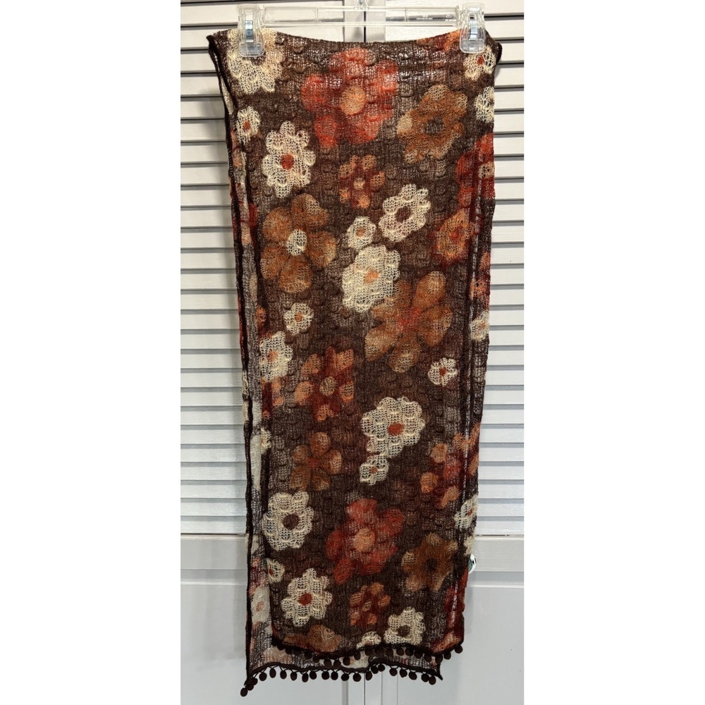 Boho Flowers Brown/Orange Open Knit Lightweight Scarf Pom Poms
